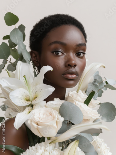 Studio portrait of a dark-skinned model surrounded by white lilies, roses, and delicate greenery, showcasing minimalist elegance and natural beauty.