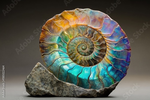 A mesmerizing iridescent ammonite fossil, showcasing vibrant colors and intricate spiral structure. photo