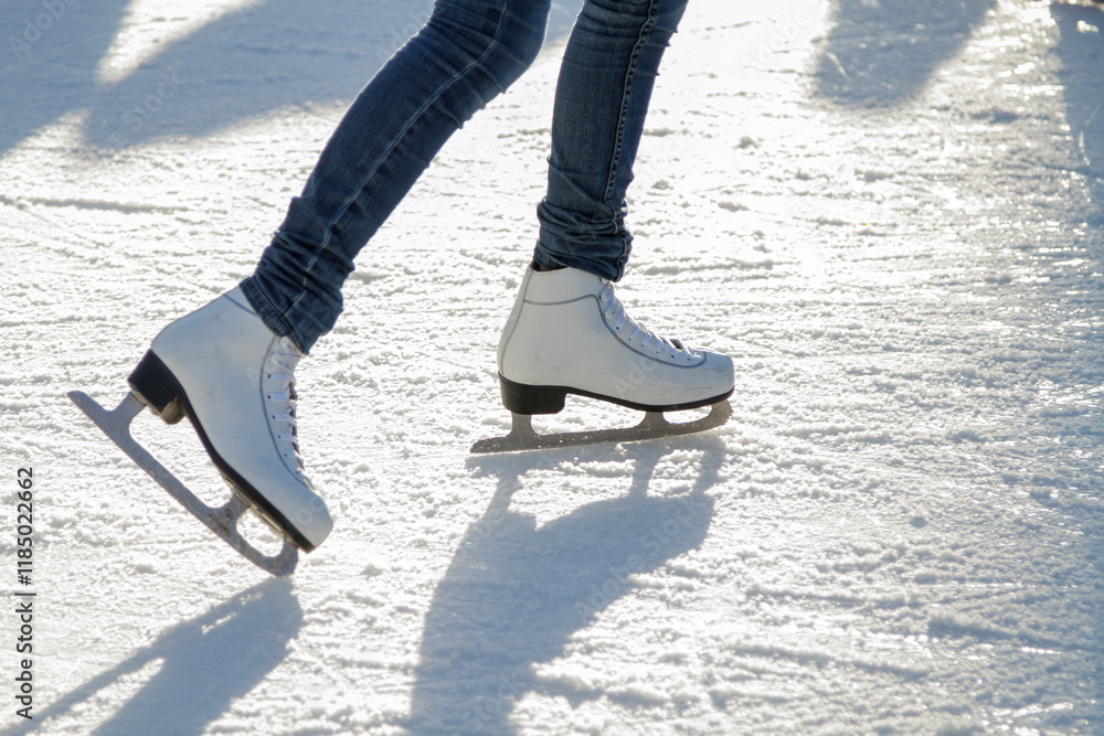 The legs of a young woman glide gracefully across the icy surface of an outdoor ice rink in winter, showcasing sleek skates and the elegance of seasonal recreation. The legs of a young woman glide gracefully across the icy surface of an outdoor ice rink in winter, showcasing sleek skates and the elegance of seasonal recreation.