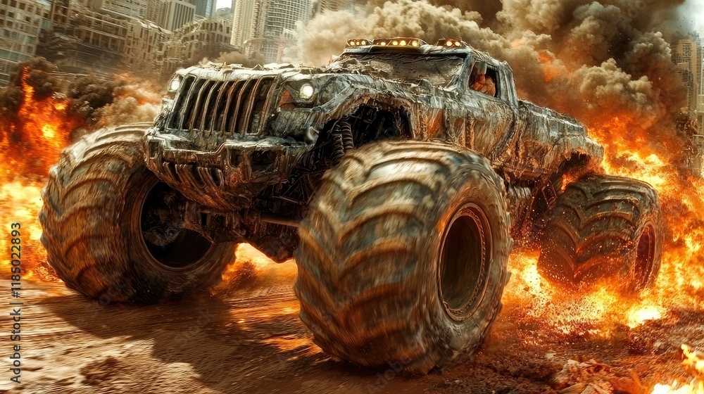 Fototapeta premium Monster Truck Racing Through Fiery Urban Destruction