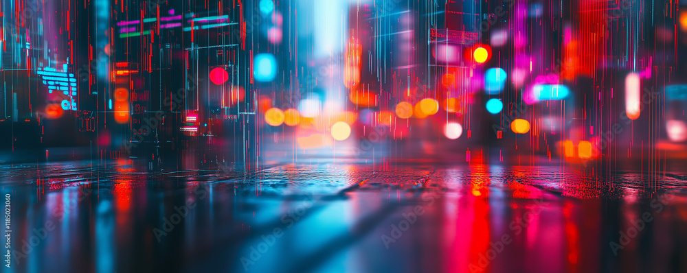 Colorful abstract business atmosphere with neon lights reflecting on wet pavement at night Colorful abstract business atmosphere with neon lights reflecting on wet pavement at night
