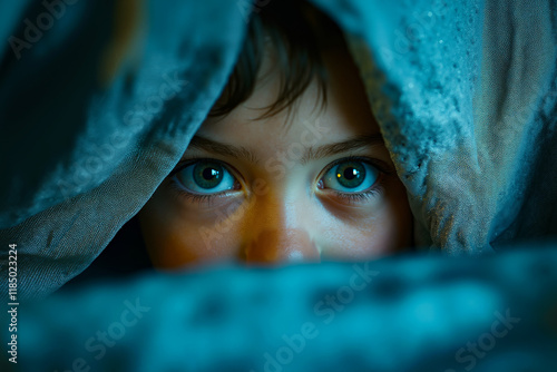 A young boy peeking out from under a blanket photo