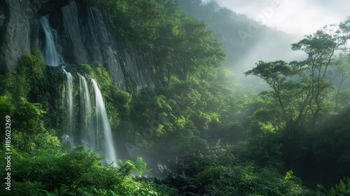 Misty waterfall cascading through lush rainforest vegetation