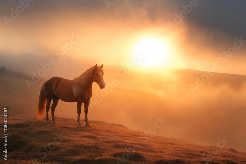 A solitary horse grazes on a grassy hill under the first light of dawn. The warm glow of the sun creates a breathtaking backdrop, enveloping the landscape in soft hues photo