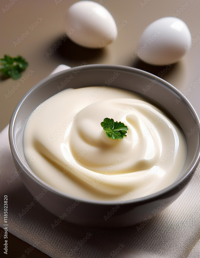 A bowl of homemade mayonnaise, garnished with a sprig of parsley, sits beside two hard-boiled eggs.
A bowl of homemade mayonnaise, garnished with a sprig of parsley, sits beside two hard-boiled eggs.
