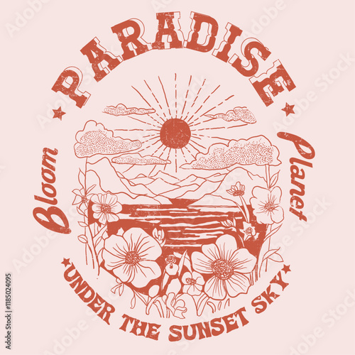 Tropical girl fashion. summer print design. flower hand drawing. paradise under the sunset. vintage retro color print. print design. graphic design. summer t shirt design. t- shirt design.