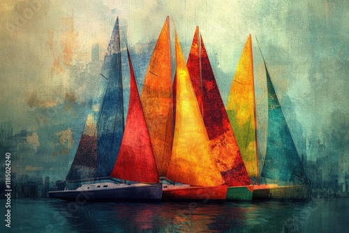 Colorful sailboats on calm water, a vibrant abstract painting of nautical scene.