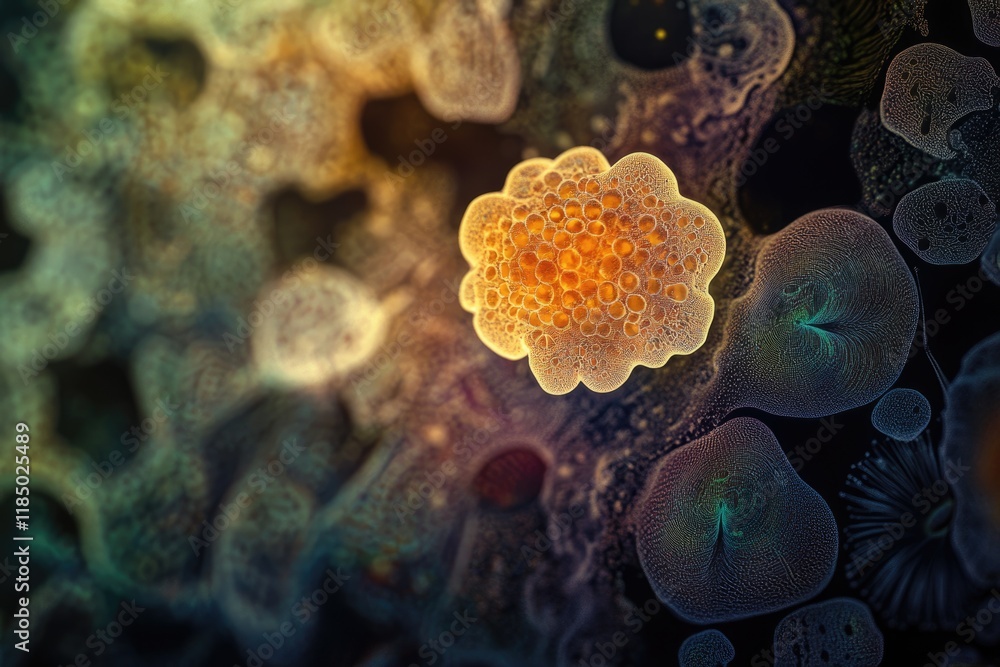 Microscopic view of interconnected cellular structures, showcasing intricate details and vibrant colors.