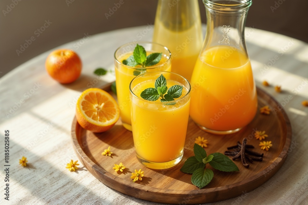 Refreshing orange juice arrangement with citrus and floral accents Refreshing orange juice arrangement with citrus and floral accents
