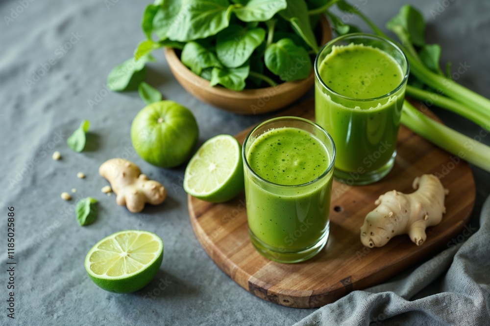 The ingredients for a fresh green smoothie are laid out on a rustic wooden board The ingredients for a fresh green smoothie are laid out on a rustic wooden board