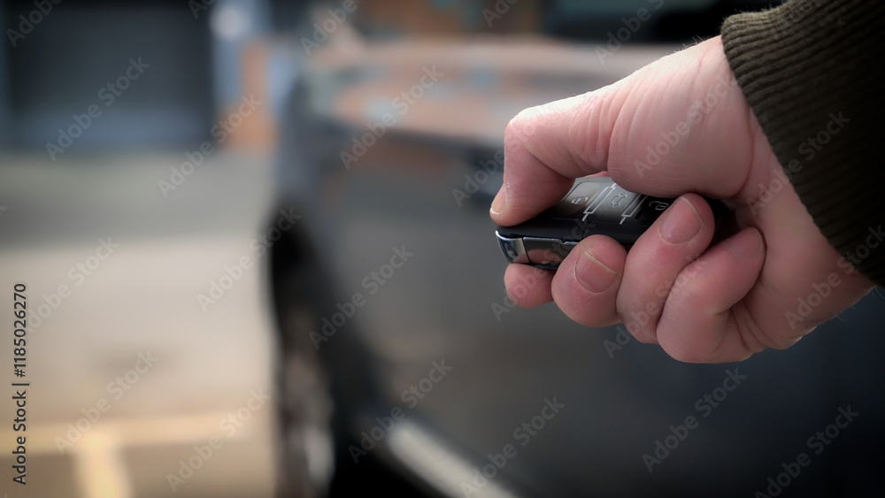 Man using remote control to open car