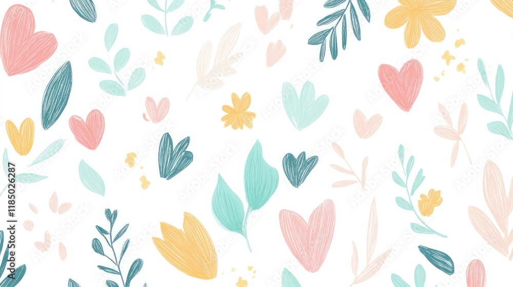 Floral pattern of hearts, leaves, and flowers on a white background Floral pattern of hearts, leaves, and flowers on a white background