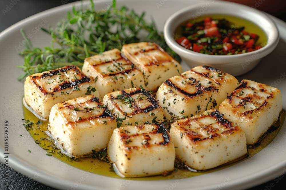 Grilled Halloumi Cheese with Herbs and Spicy Olive Oil Dip Grilled Halloumi Cheese with Herbs and Spicy Olive Oil Dip