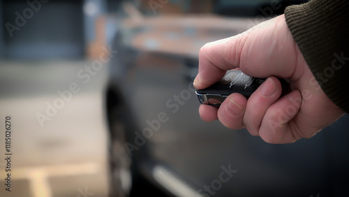 Man using remote control to open car