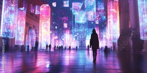 A vivid scene of a futuristic cityscape filled with glowing towers of light. People walk through this radiant environment, capturing a sense of wonder and exploration. AI