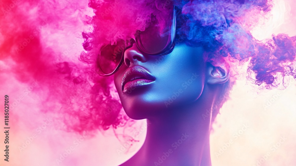 Fototapeta premium Fashion model posing with colorful smoke and sunglasses