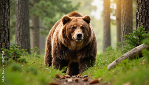 Majestic grizzly bear standing in forest, wild beauty photo