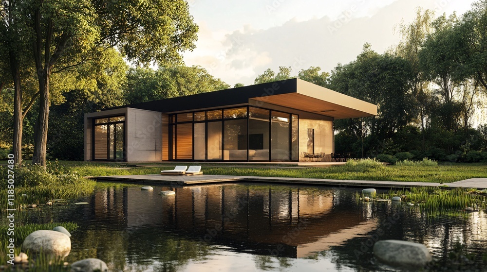 Modern house reflecting in pond at sunset surrounded by trees Modern house reflecting in pond at sunset surrounded by trees