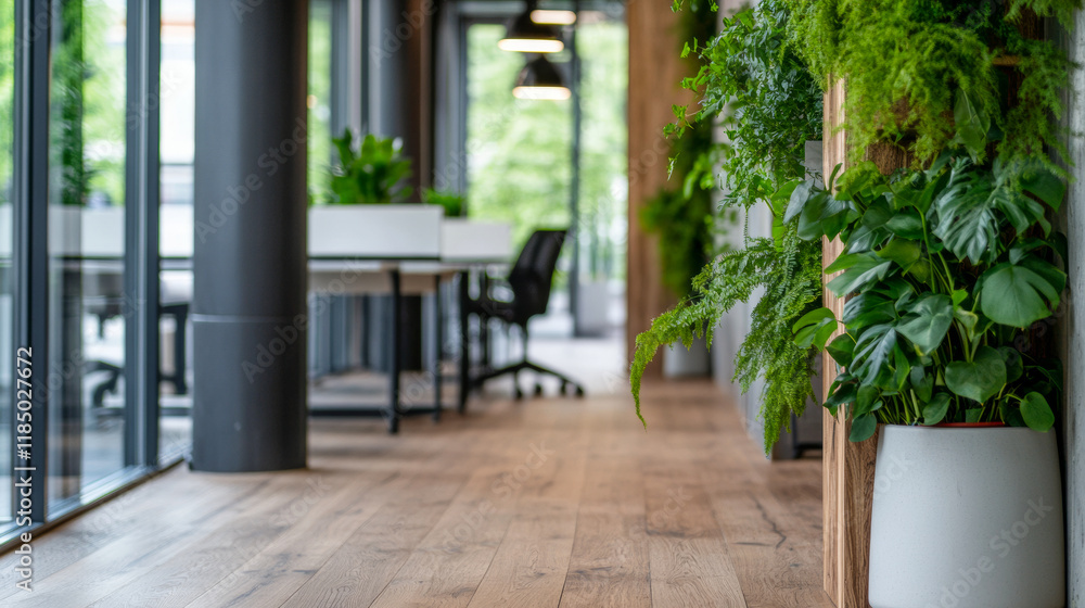 Fototapeta premium Modern office interior with greenery and open workspace design featuring wooden flooring
