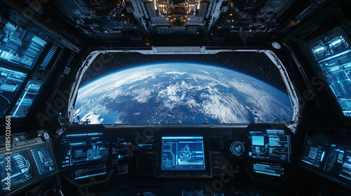 Futuristic blue hologram display screen technology in earth orbit in the space. global information and connection concept, communication system interface, internet visualization dashboard.