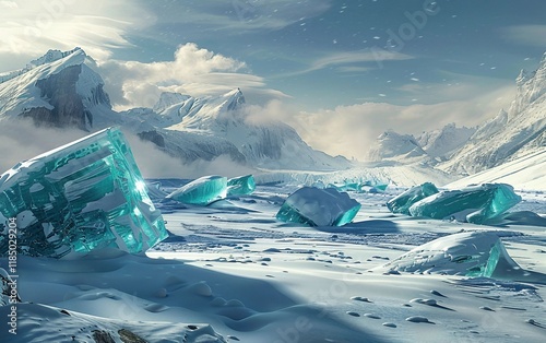 A Frozen Wonderland with Icebergs Appearing to Emerge from the Snowy Landscape