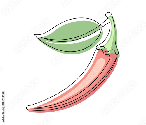 Red chili pepper with leaf line isolated on white background. Simple vegetable silhouette. Hand drawn chili pepper outline. Vector illustration