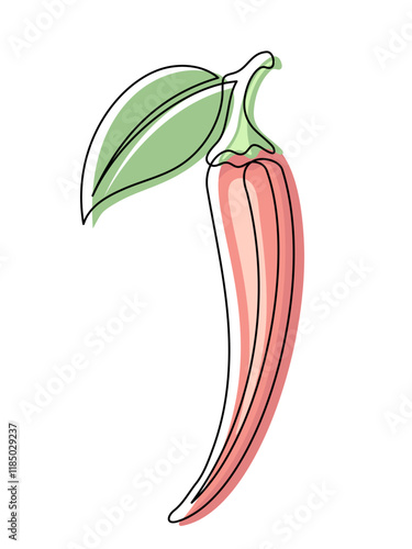 Red chili pepper with leaf line isolated on white background. Simple vegetable silhouette. Hand drawn chili pepper outline. Vector illustration