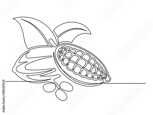 Continuous one line cacao beans branch with leaves isolated on white background. Simple vegetable silhouette. Hand drawn cacao beans branch outline. Vector illustration