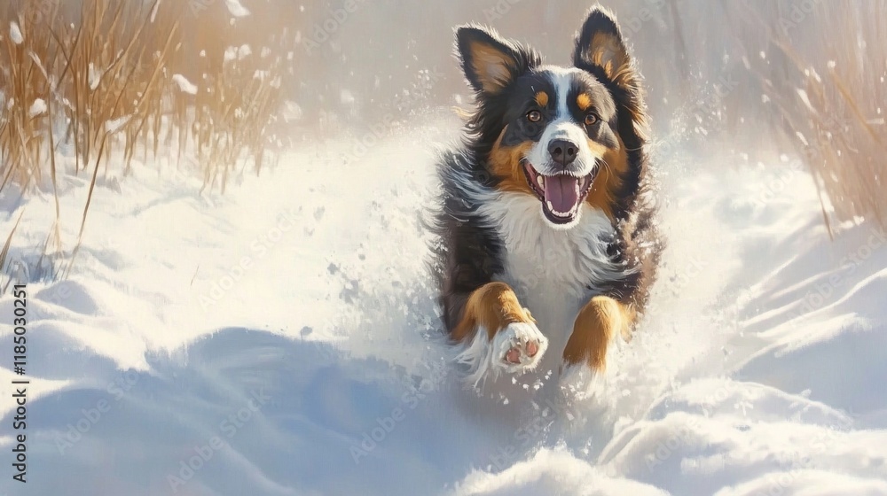 Joyful Bernese Mountain Dog Running in Snowy Landscape