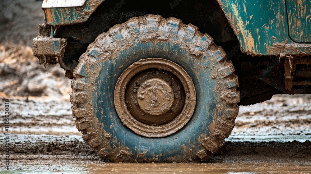 Close-up of a muddy wheel from an asphalt paver, showcasing texture and dirt accumulation Close-up of a muddy wheel from an asphalt paver, showcasing texture and dirt accumulation
