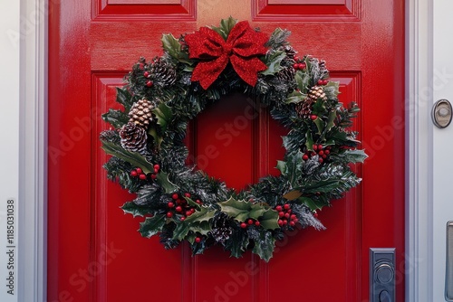 Festive holiday wreath adorned with red bow and pine cones on a bright red door. photo