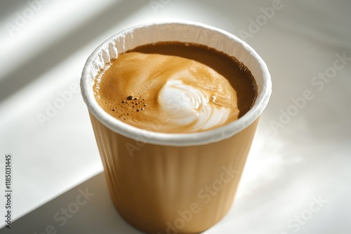 A delicious latte with beautiful foam art in a disposable cup, showcasing warm tones and a cozy atmosphere. photo