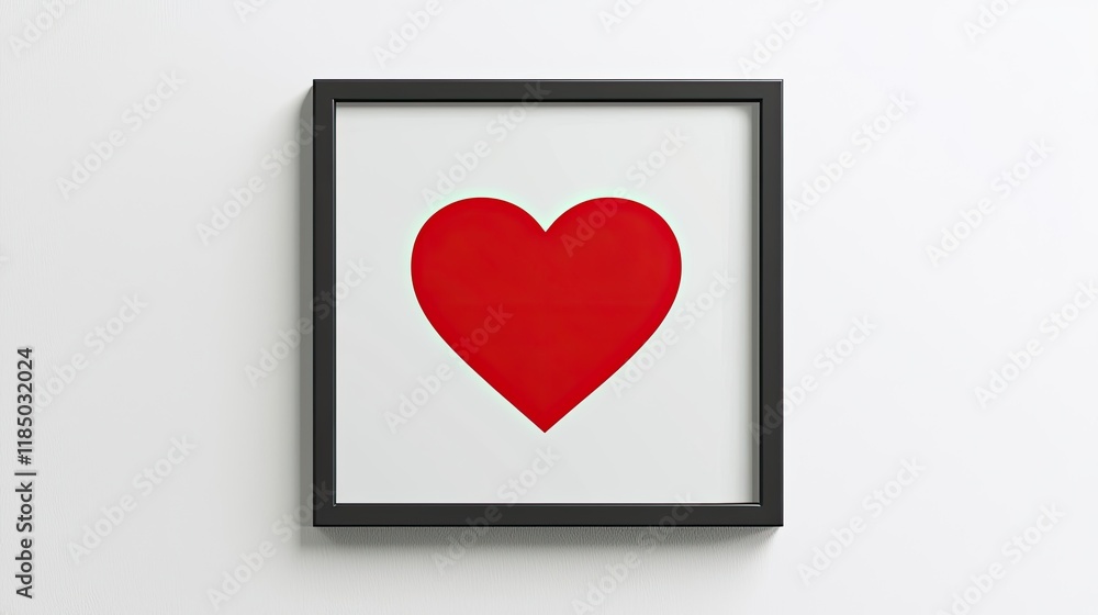 A simple, framed artwork featuring a bold red heart on a white background, symbolizing love and affection. A simple, framed artwork featuring a bold red heart on a white background, symbolizing love and affection.