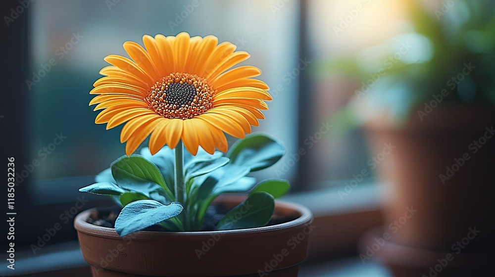 Fototapeta premium Vibrant Gerbera Daisy in a Terracotta Pot, Basking in Sunlight by Window