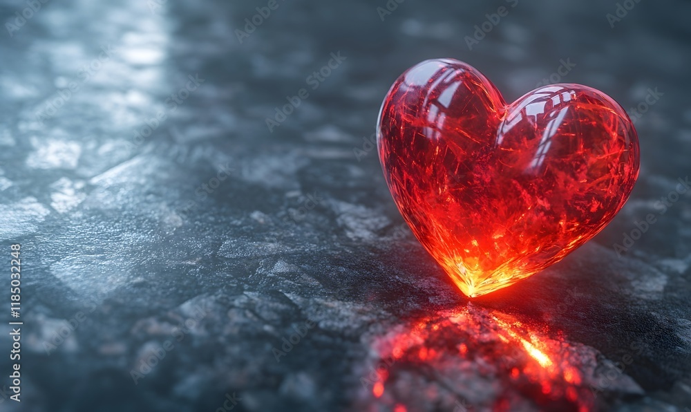 Glowing red glass heart on dark surface. Glowing red glass heart on dark surface.
