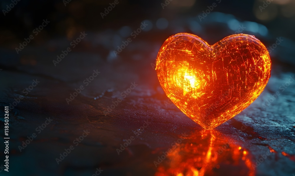 Fiery heart glowing on dark surface. Fiery heart glowing on dark surface.