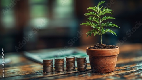 Plant grows with coins. photo