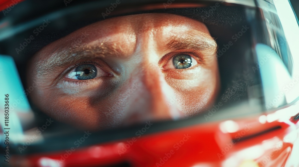 This close-up emphasizes the bold expression of a racer inside their red helmet, capturing the spirit of competition and the thrill of racing moments before action. This close-up emphasizes the bold expression of a racer inside their red helmet, capturing the spirit of competition and the thrill of racing moments before action.