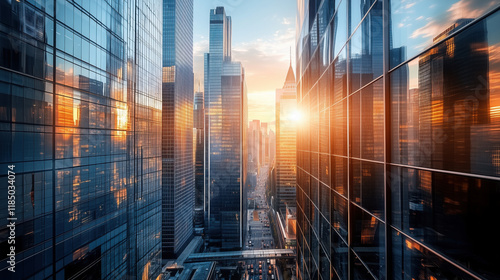Wallpaper Mural Highly Detailed Futuristic Cityscape with Towering Glass and Steel Buildings, Interconnected by Elevated Walkways, Photorealistic Art Capturing the Glow of a Setting Sun Reflecting off Sleek Surfaces Torontodigital.ca