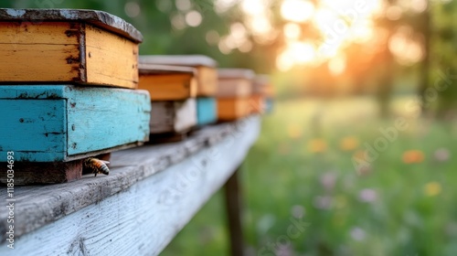 Wallpaper Mural A close-up view of beautifully painted beehives reveals their vibrant colors and the soft golden light of sunset, symbolizing the important role bees play in nature. Torontodigital.ca