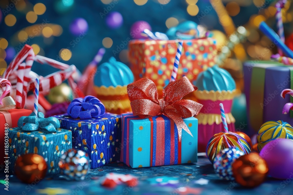 Fototapeta premium Vibrant holiday gifts with colorful wrapping and festive decorations, perfect for celebrating festive occasions.