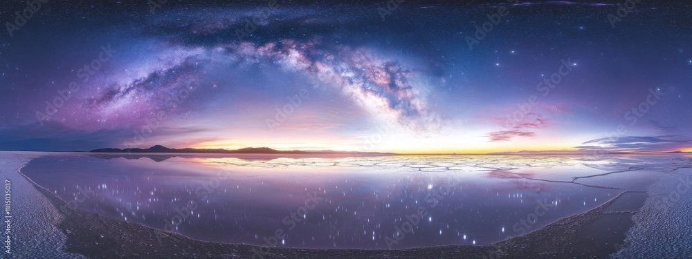 Fototapeta premium A surreal view of the salt flats of Bolivia's Salar de Uyuni reflecting the colors of the Milky Way galaxy, Geological scene, Surreal style