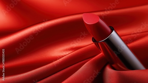 This image showcases a vibrant red lipstick resting elegantly on smooth, luxurious satin fabric, highlighting its beauty and allure in a striking visual composition.
