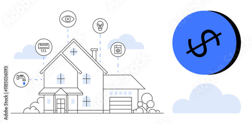 Modern house with connected home automation icons highlighting security, energy management, and cost-saving solutions. Ideal for smart living, innovation, technology, sustainability, efficiency, home