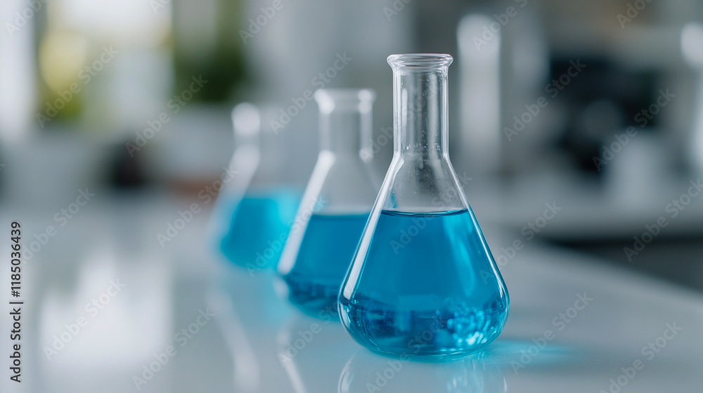 Laboratory equipment with blue liquid arranged on a countertop in a bright research facility Laboratory equipment with blue liquid arranged on a countertop in a bright research facility