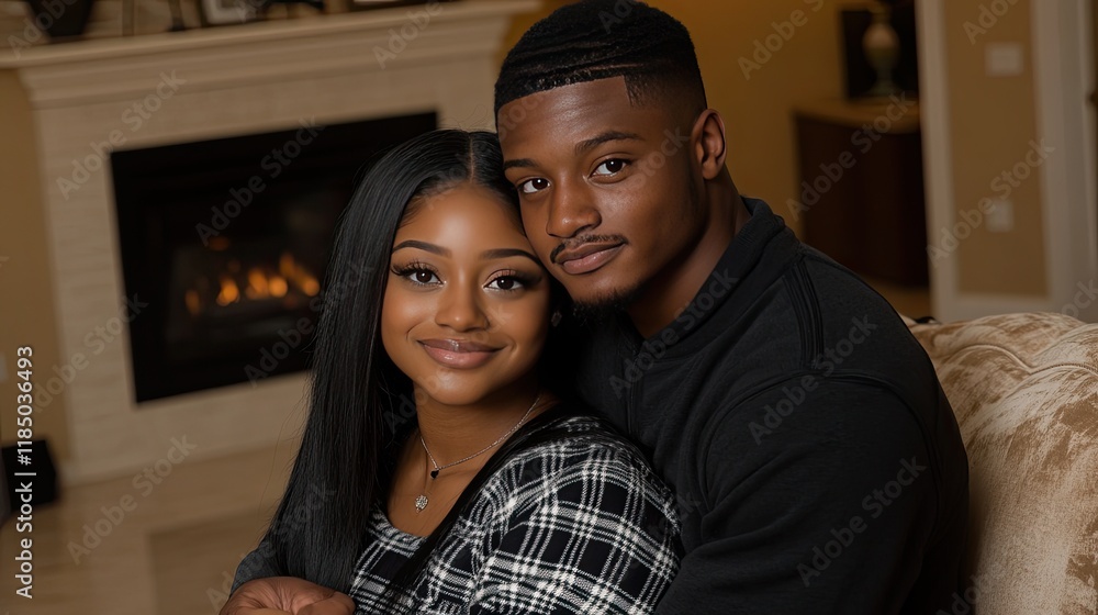 Fototapeta premium Young couple embraces on the sofa, radiating love and warmth while enjoying an intimate moment in their cozy home