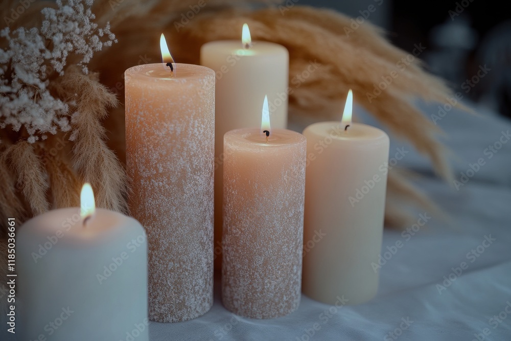 A serene arrangement of glowing candles in soft colors with decorative pampas grass, creating a tranquil ambiance. A serene arrangement of glowing candles in soft colors with decorative pampas grass, creating a tranquil ambiance.