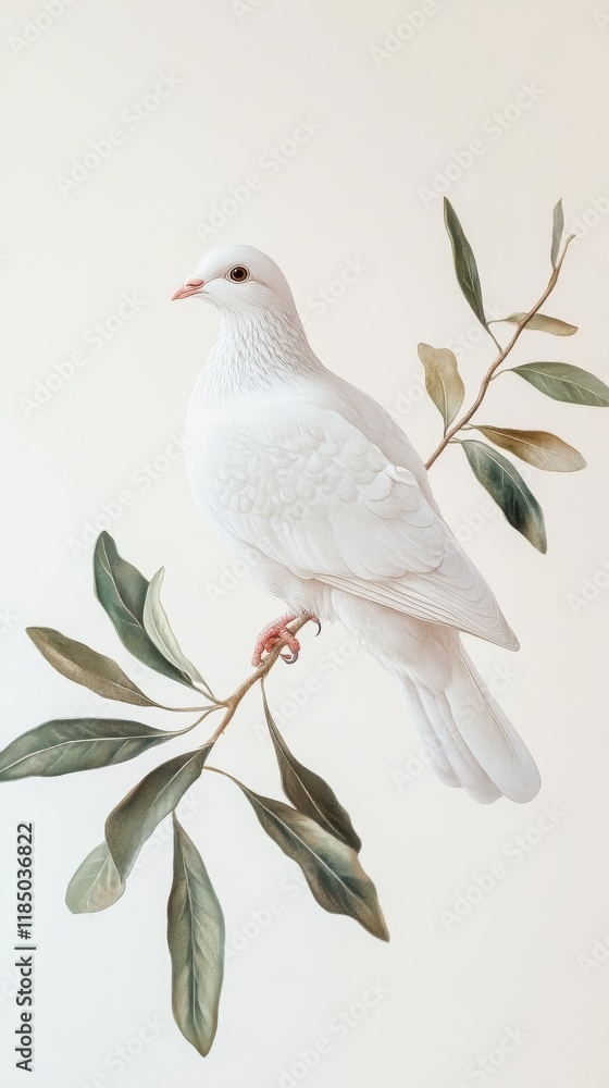 Elegant white dove perched beautifully on a slender branch with green leaves. Elegant white dove perched beautifully on a slender branch with green leaves.