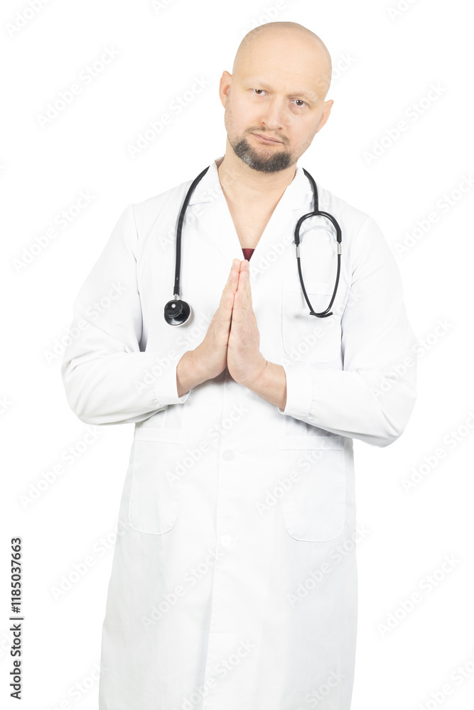 Calm male doctor in white coat with stethoscope making a gesture with hands pressed together Calm male doctor in white coat with stethoscope making a gesture with hands pressed together