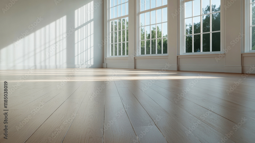 Bright and spacious empty room with large windows and polished wooden floors in natural daylight Bright and spacious empty room with large windows and polished wooden floors in natural daylight